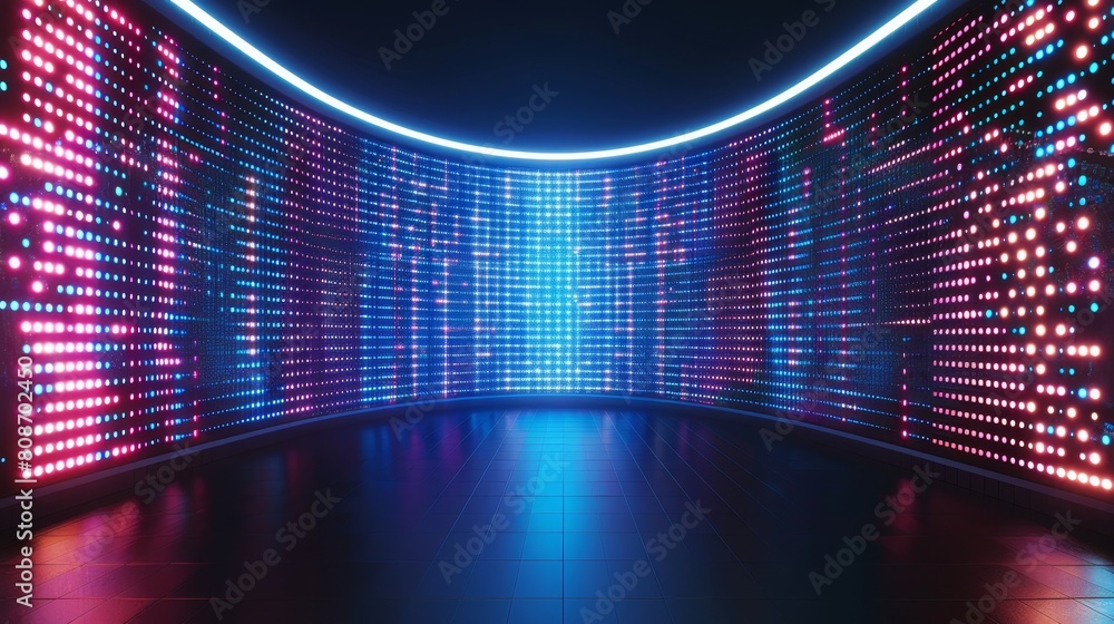Poster the stage of a tv show with a led screen and a lcd wall background. digital texture with dots and cu