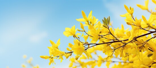 A vibrant forsythia shrub with yellow blossoms stands out against the clear blue sky on a sunny spring day presenting a stunning yellow flower background with plenty of copy space