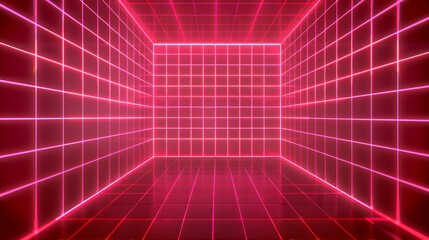 A red laser grid cyber newretrowave 3d background. Neon digital room with vaporwave and square cell wireframes. Futuristic retro mesh dimension pattern. Geek outline aesthetic texture design.