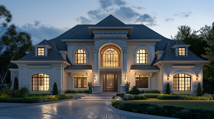 A front view of an ordinary house with an overall warm atmosphere, Extraordinary luxury house