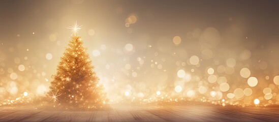 An abstract holiday background with a Golden brown blurry Christmas tree lights and blurred bokeh creating a lot of glare The image provides copy space