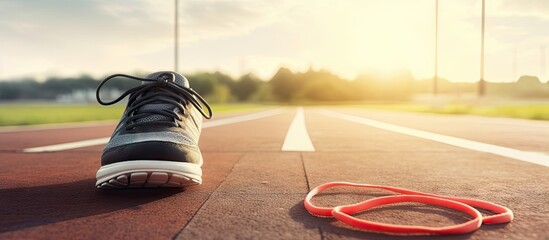 Closeup of an athlete s shoelace on a concrete racetrack with a runner s shoe in the copy space image A smartphone and headphones nearby convey a fitness jog workout wellness concept - Powered by Adobe