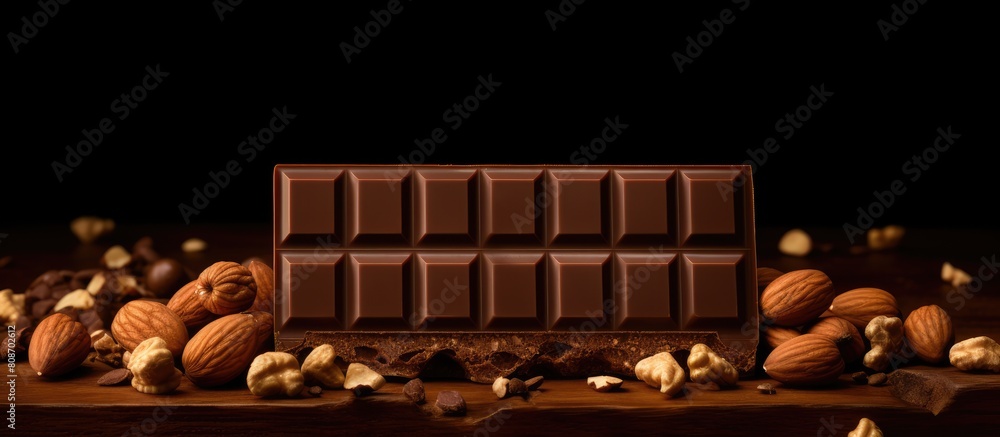 Poster dark copy space image featuring a chocolate bar adorned with peanuts and walnut standing out on the 