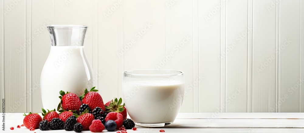 Poster a nutritious meal consisting of berries and milk is displayed on a white wooden table creating a vis