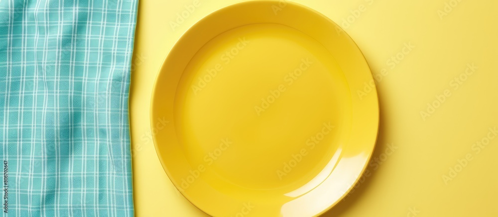 Poster colored background with a top view of an empty round yellow plate placed on a tablecloth for food th