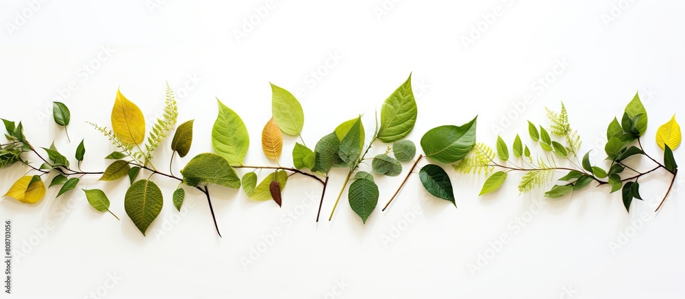 Poster the image features leaves beautifully arranged within the frame against a clean white background off
