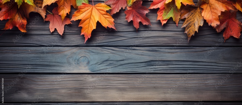Poster an autumn themed composition featuring vibrant leaves against a rustic wooden backdrop providing an 