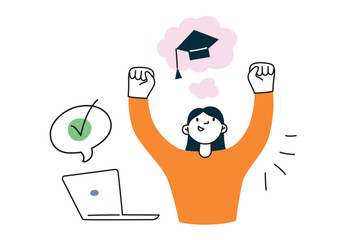 Happy student passed online test, girl after final exam, dreaming of graduation, education composition, doodle icons of graduating hat and laptop, vector illustration of success in studying