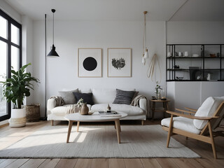 Fototapeta premium A scandinavian living room,white tone illustration