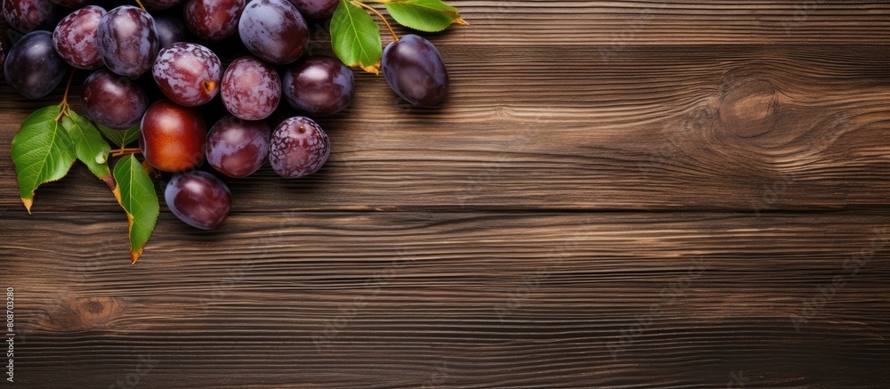 Poster from above a wooden table there is a view of plums and figs with ample copy space for writing or des