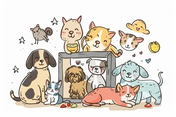 Cartoon cute doodles of a family pet adoption day, welcoming a new furry friend into the household with hugs and treats, Generative AI.