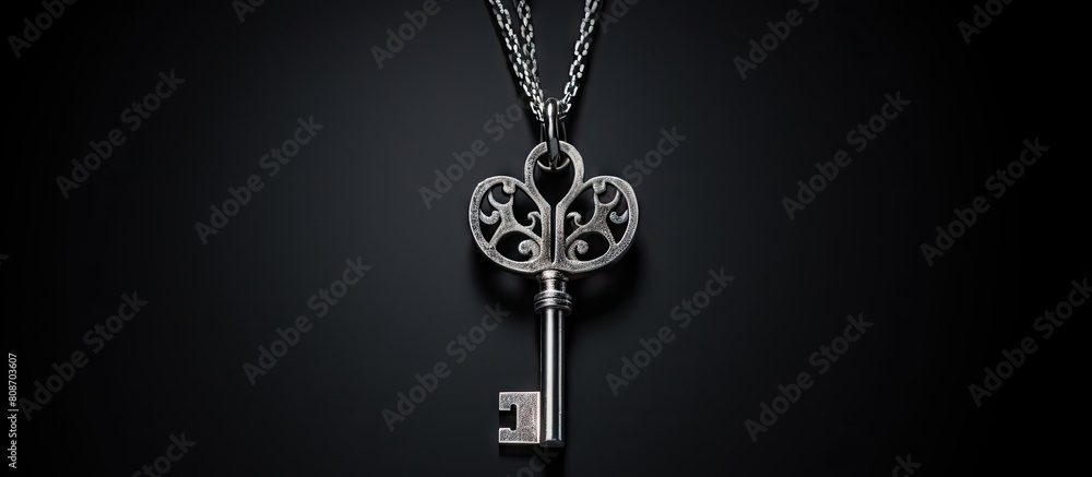 Poster on a grey background there is a metal key attached to a chain and pendant with copy space available