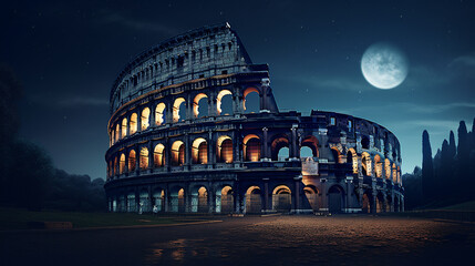 Coliseum at night with moon