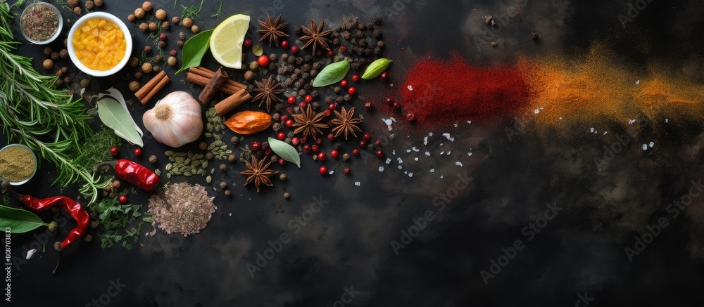 Poster top view copy space image showcasing a variety of spices and herbs arranged on a black stone table s