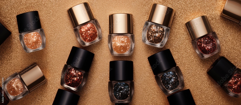 Aufkleber a top view arrangement of open nail polish bottles on a golden glitter background creating a visuall