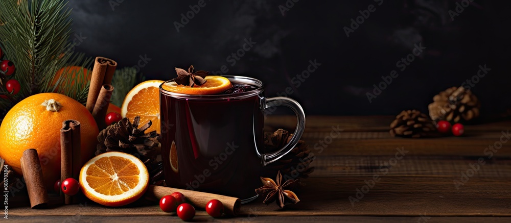 Poster A hot beverage mulled wine with apples oranges and spices is presented in the copy space image
