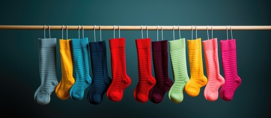 Colorful socks hang on a radiator creating a vibrant and lively display. Copy space image. Place for adding text and design