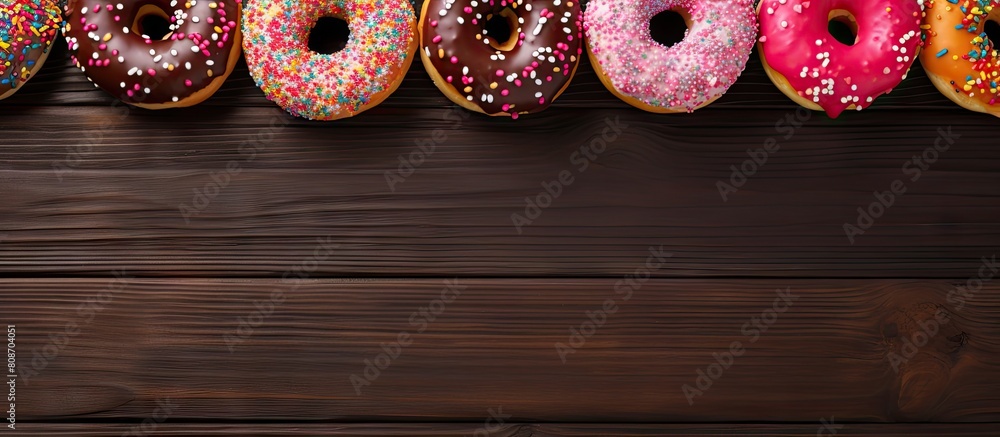Poster top view of colorful donuts with sweet icing sugar and glazed sprinkles on a red wooden table the do