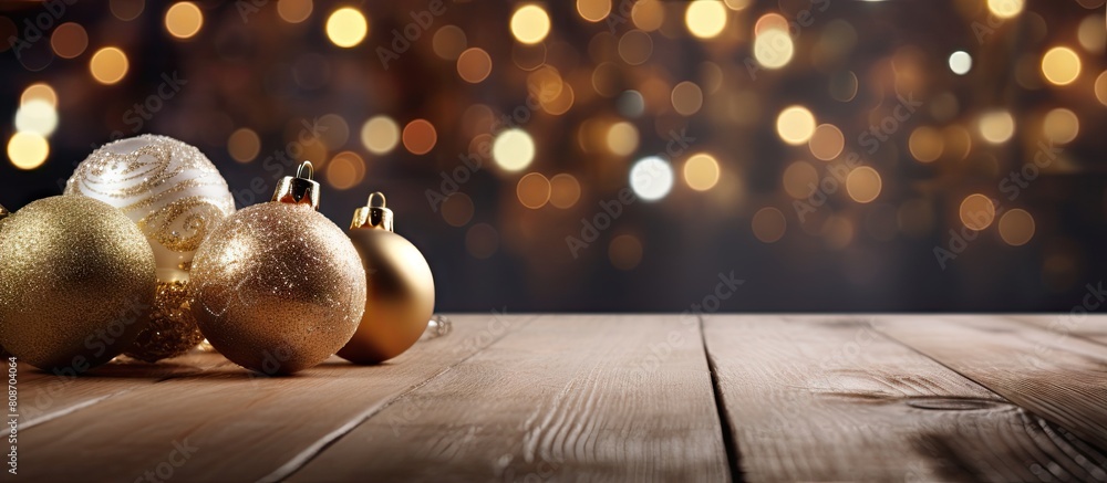 Poster in the background of the wooden table there are christmas decorations creating a festive ambiance. c