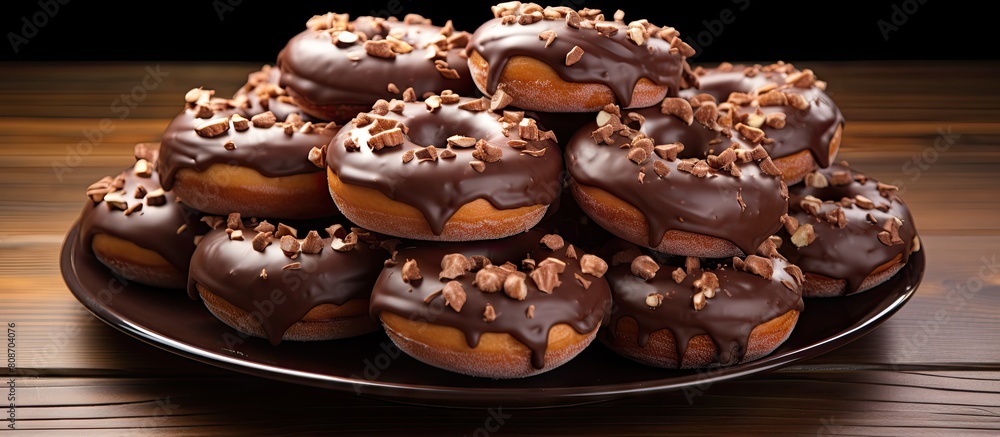 Sticker A plate is filled with chocolate donuts arranged neatly and ready to be served The image features ample copy space