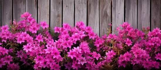 A weathered wooden fence serves as the backdrop for vibrant pink or purple flowers in bloom providing a copy space image for text or other inset content