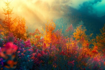 Golden sun rays beam through misty autumn woods, illuminating vibrant underbrush