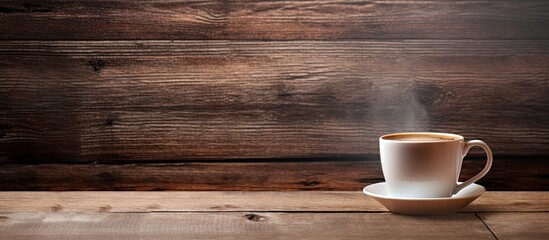 Copy space image of a coffee cup with a blank label placed on top situated on a weathered wooden background