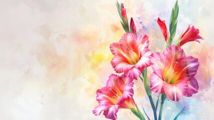 Painted in watercolor, the Gladiolus flower stands tall and proud on the canvas, its spear-like spikes adorned with elegant blooms in a breathtaking array of colors.