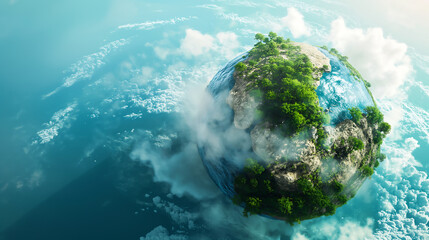 Fototapeta premium A detailed earth planet with trees, rocks and blue water on it, surrounded by clouds. Sustainable science concept composition