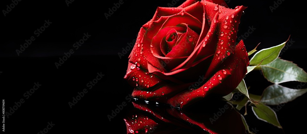 Poster an exquisite red rose stands out on a striking black backdrop with a captivating reflection adding d