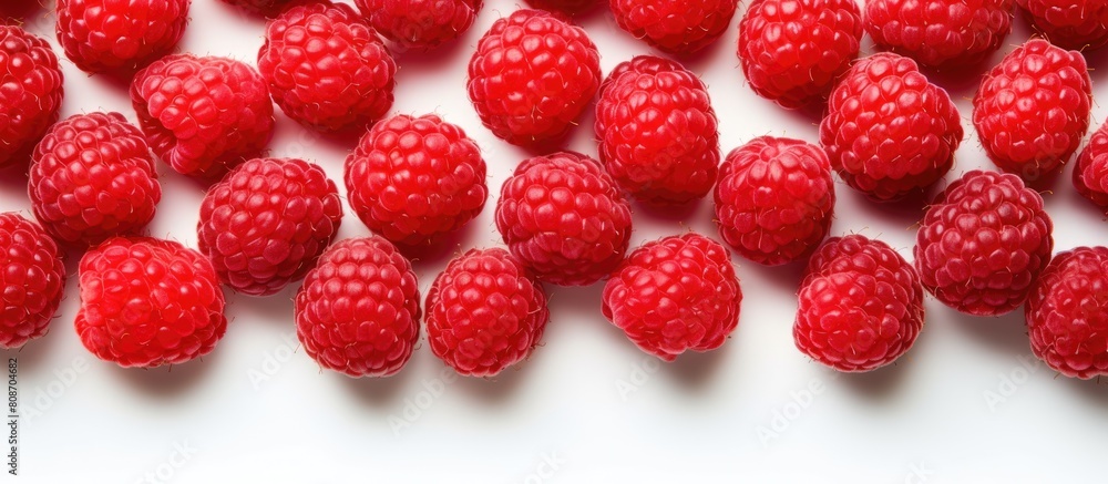 Poster top view of raspberries arranged in a flat lay pattern on a white background providing ample copy sp