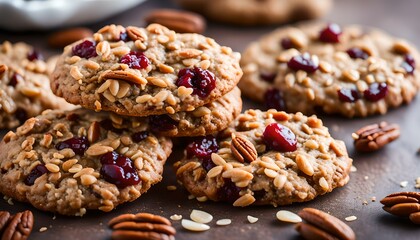 Healthy breakfast cookies with oatmeal, pecans and dried cranberry
