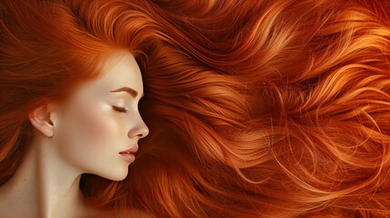 A portrait of a beautiful woman with long wavy red hair.