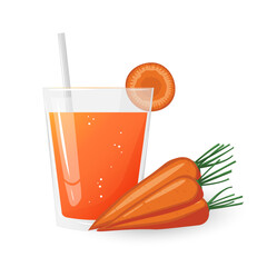 A glass of carrot juice. Natural fresh squeezed juice. Healthy diet. Fresh food product element for sticker, grocery shop, farm store element.Vector illustration