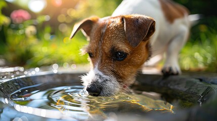 A cute little dog is drinking water from a bowl outside. The dog has brown and white fur and is looking up at the camera. The background is blurry and green.