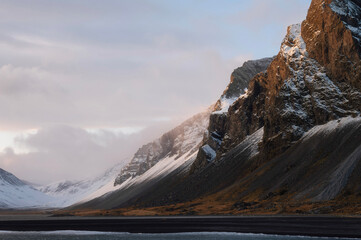 Eystrahorn and Hvalnes Beach at the southeast tip of Iceland during sunset in autumn