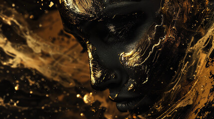 Abstract Art of a Woman's Face Covered With Black and Gold Paint
