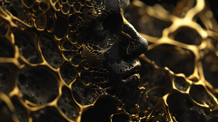 Abstract Art of a Man's Face Covered in Black Paint Emerging From Golden Metal Spiderwebs