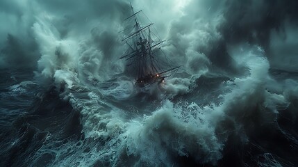 A cinematic portrayal of a ship battling through stormy seas, with dark gray waves crashing around, emphasizing the struggle and the dramatic environment.
