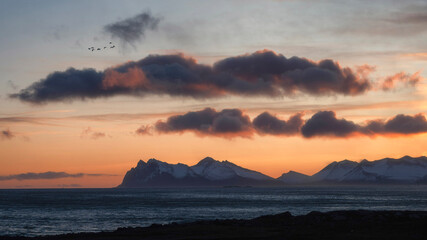 Eystrahorn and Hvalnes Beach at the southeast tip of Iceland during sunset in autumn