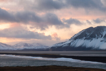 Eystrahorn and Hvalnes Beach at the southeast tip of Iceland during sunset in autumn