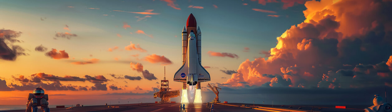 aerospace shuttle on a launchpad humans and robots preparing for launch
