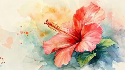 In the soft washes of watercolor, the Hibiscus flower blooms with vibrant vitality, its bold colors and elegant form radiating warmth and cheer.