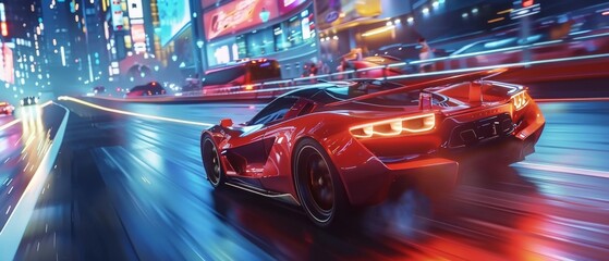Computer-generated 3D car driving fast and drifting on a night highway in a modern megapolis city. Photo-editing VFX. Third-person view.