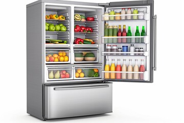 Open fridge filled with fresh produce and drinks, depicting healthy lifestyle and organization