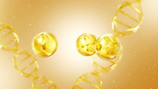 Frontal angle shot video with luxury style for medicine or dietary supplements product, yellow bubbles containing molecules with complex structures appear after the pill separated