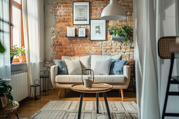 This living room showcases rustic chic aesthetics with exposed brick walls, comfortable seating, and minimalist decor items