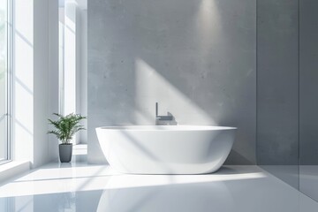 A minimalist and brightly lit bathroom with a large white bathtub casting shadows on a clean, white backdrop