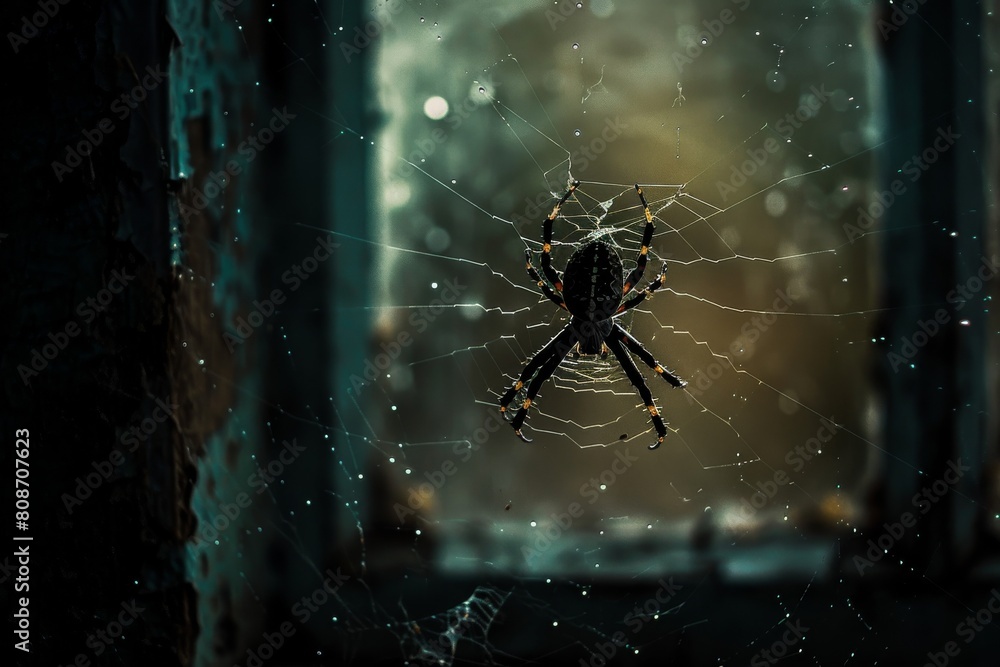 Aufkleber Detailed image of an orb-weaver spider hanging on its delicate web with a bokeh background, highlighting its patterns