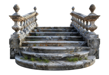 An old, slightly destroyed staircase with steps. Antique porch staircase isolated on white...